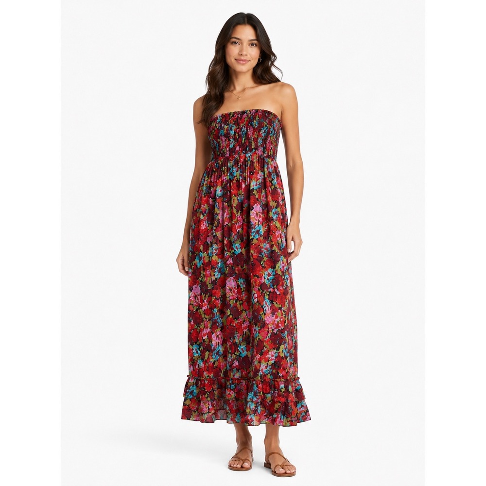 American Rag Strapless Maxi Dress Womens L Red Floral Smocked Boho Cottagecore